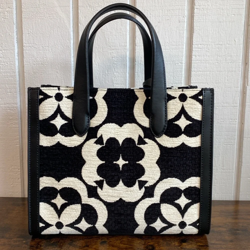 Kate Spade Manhattan Spade Flower Monogram Chenille Small Tote Black Cream Gold - Picture 3 of 15